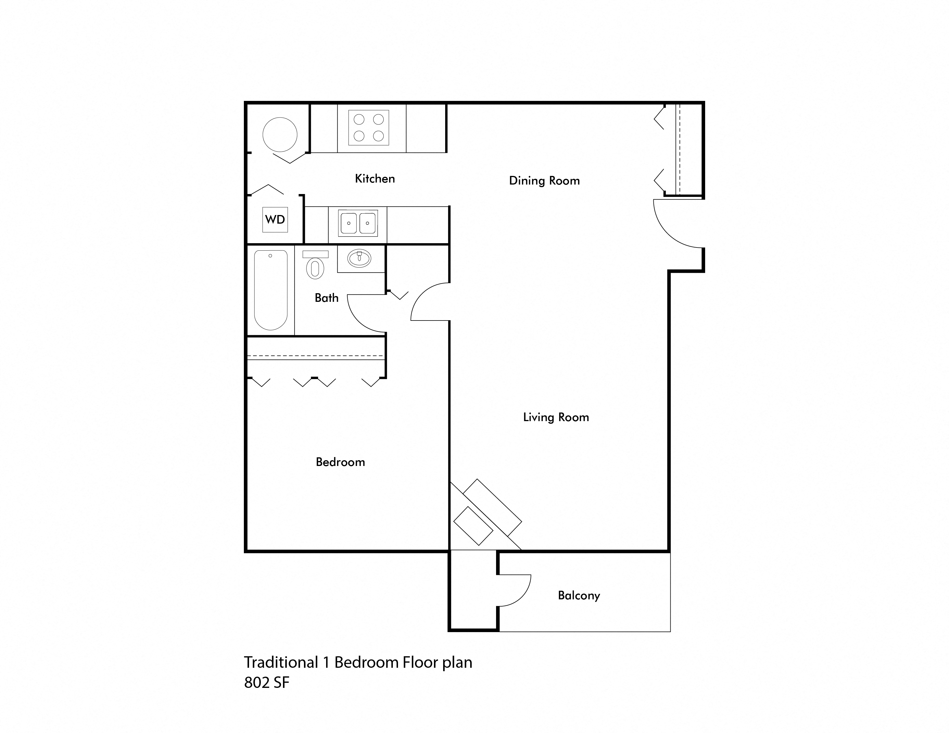 Floor plan for 1 bed, 1 bath, 802 sqft